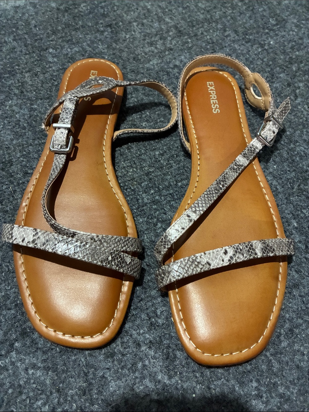 👠 Express Women's Snake-Print Strap Sandals in Brown and Gray